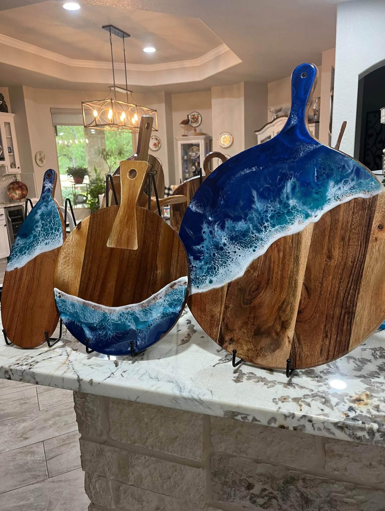 Ocean resin serving boards on our kitchen island